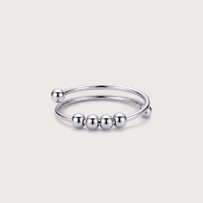 Cuff Ring with four beads, in silver