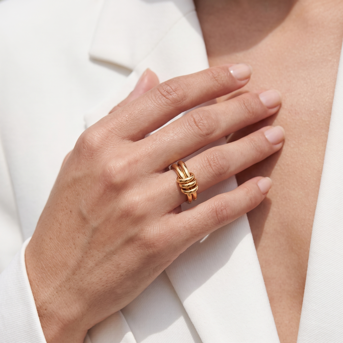Arc Ring in gold, worn on the hand