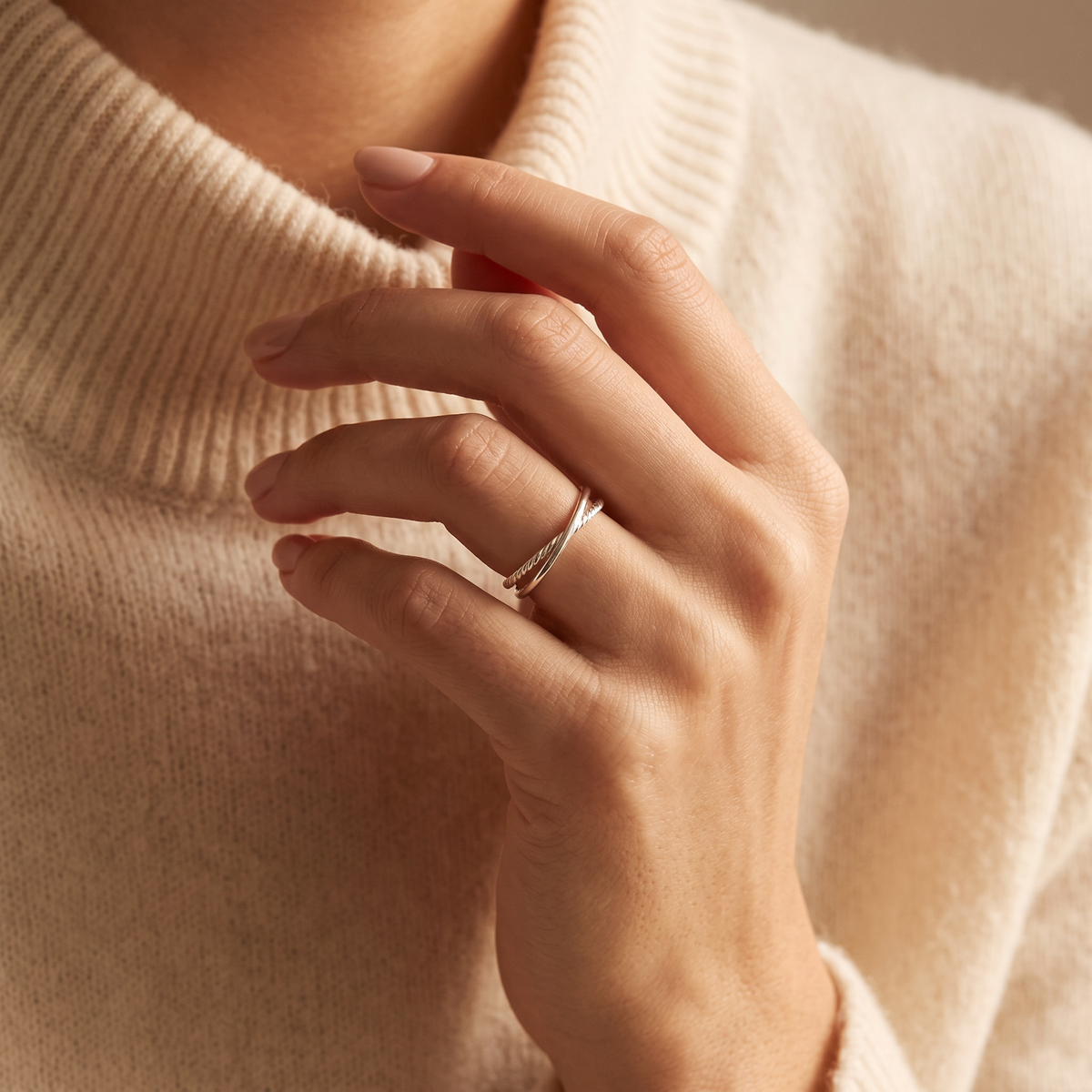 Rope Ring in silver, worn on the hand